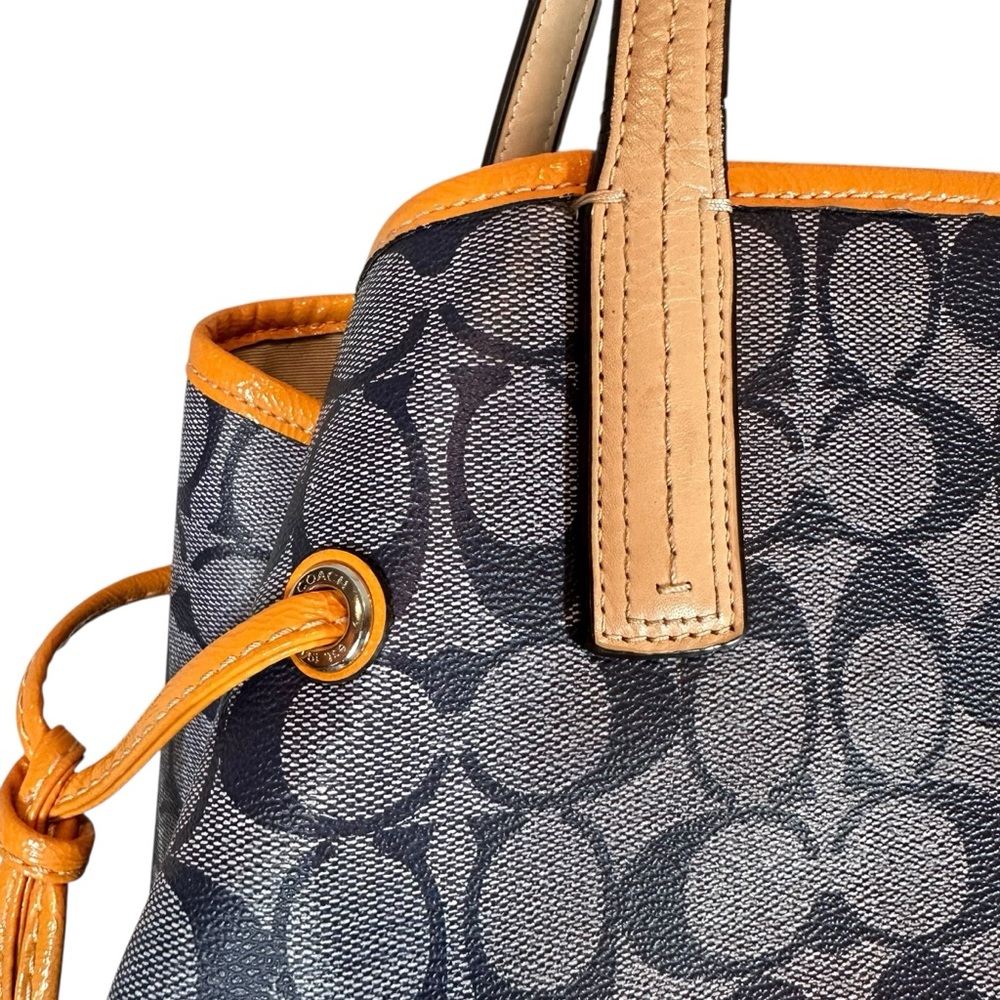 COACH Signature Coated Canvas Drawstring Carryall Bag Denim Blue & Orange Detail - Picture 10 of 14